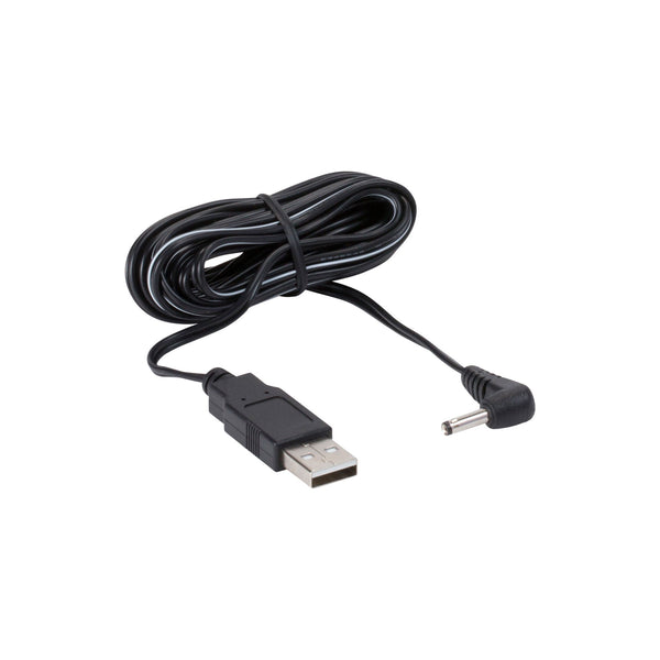 Black USB power cord by Davis Instruments, neatly coiled with a cylindrical DC connector.