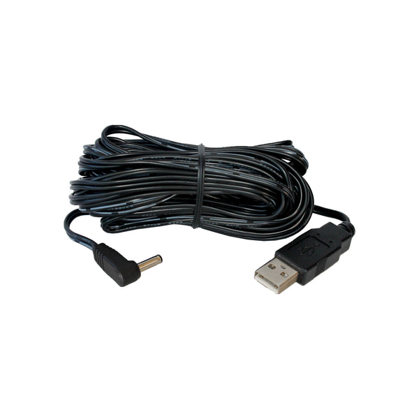 Black USB power cord by Davis Instruments coiled and secured with a black fastener.