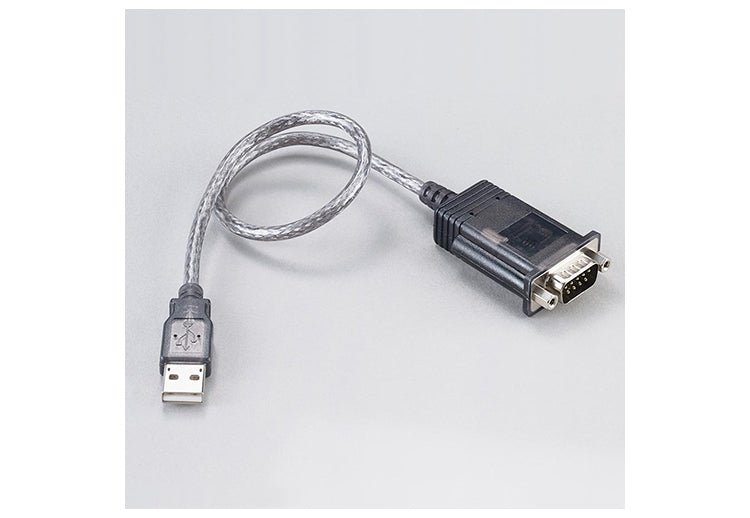 USB-to-serial cable from Davis Instruments with a silver patterned cord and black adapter.