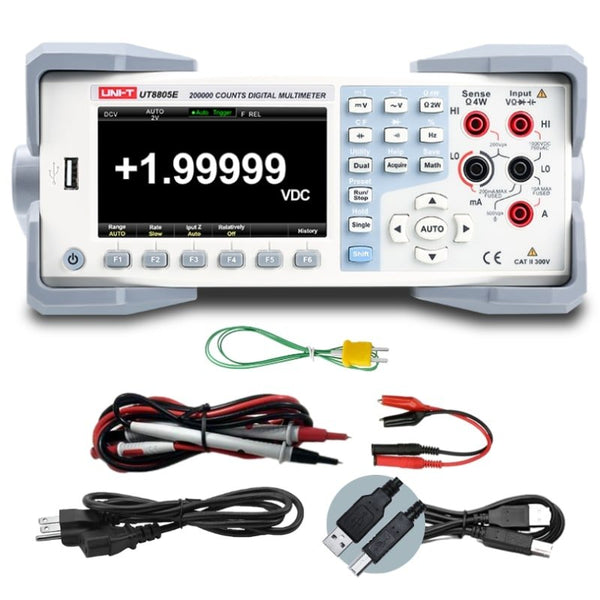 UNI-T UT8805E Performance-Series Bench Digital Multimeter with cables and accessories.
