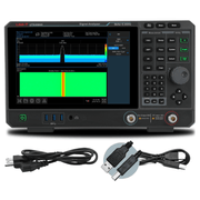 A black UNI-T signal analyzer with a large color display screen and control buttons on the right, shown on a white background with included cables below.