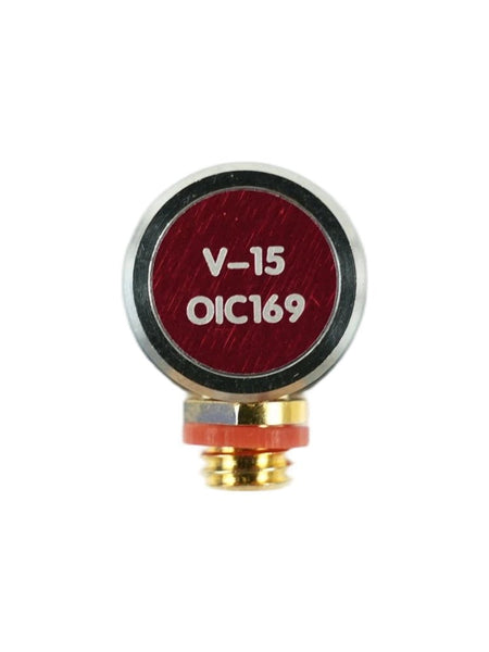 V-15 Probe, red and silver with a golden threaded base, by BRK, displaying 'V-15 OIC169' text on its brushed red surface.