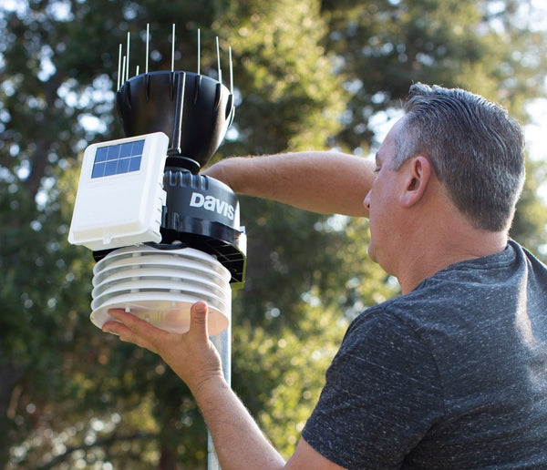 Weather station replacement part by Davis Instruments being installed outdoors.