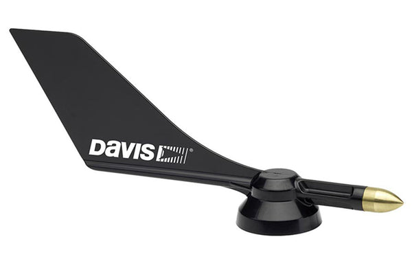 Black wind vane replacement part by Davis Instruments with a metallic gold tip and printed logo.
