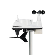 White integrated sensor suite weather station by Davis Instruments mounted on a silver pole against a white background.

