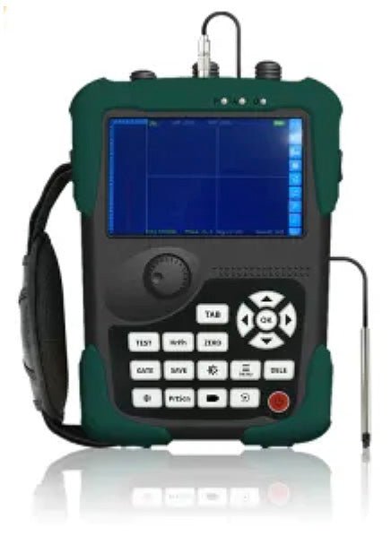 Digital eddy current flaw detector, vertex series from BRK, featuring a green protective case, button controls, and an attached antenna.
