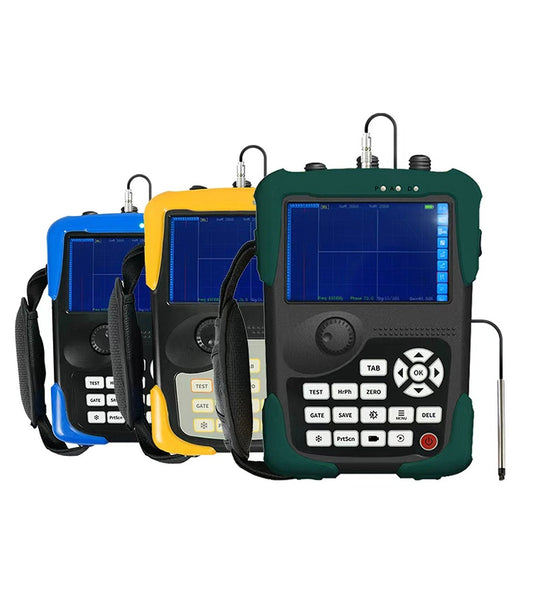 Digital eddy current flaw detectors by BRK in blue, yellow, and green protective cases with attached straps.
