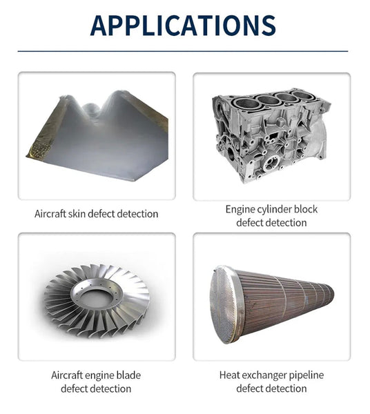 Applications of the ultrasonic flaw detector by BRK shown detecting aircraft skin defects, engine cylinder block defects, aircraft engine blade defects, and heat exchanger pipeline defects.
