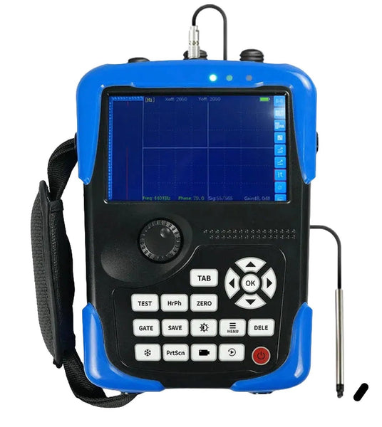 Digital eddy current flaw detector from BRK in a protective blue and black casing, featuring a display screen and control panel.
