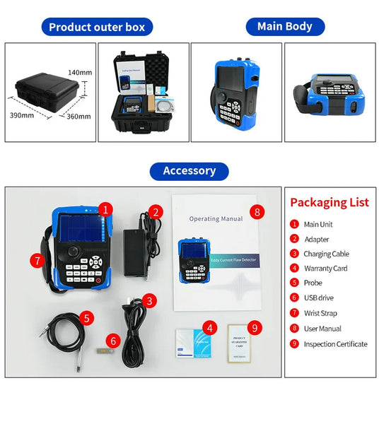 Digital eddy current flaw detector by BRK with accessories and packaging list, featuring a main unit, probe, and user manual.