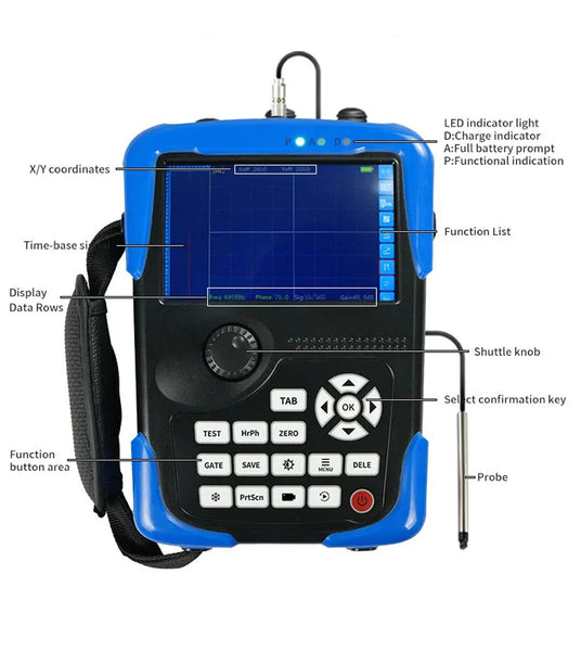 Digital ultrasonic flaw detector of the Vertex Series by BRK, featuring a blue and black housing with integrated display screen and function buttons.
