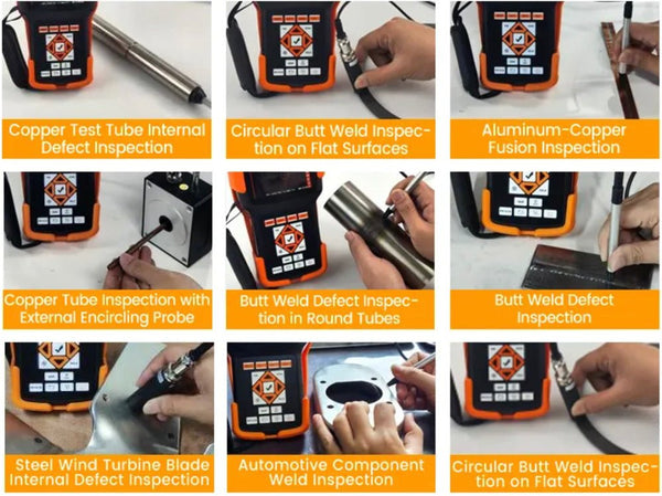 Compact digital eddy current flaw detector by BRK used to inspect metal components for weld defects.