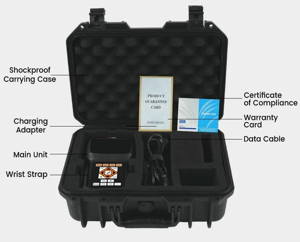 Black carrying case with labeled contents including a main unit, wrist strap, charging adapter, warranty card and certificate of compliance.