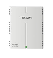 Wall mount CO2 transmitter by Tongdy, with a gray border, rectangular shape, and green light indicator at the bottom.