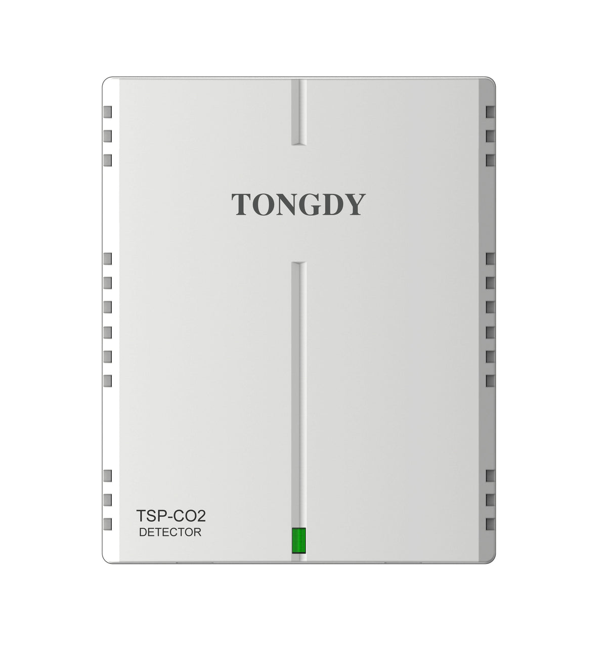 Wall mount CO2 transmitter by Tongdy, with a gray border, rectangular shape, and green light indicator at the bottom.