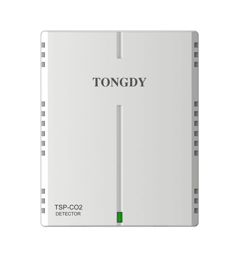 Wall mount CO2 transmitter by Tongdy, with a gray border, rectangular shape, and green light indicator at the bottom.