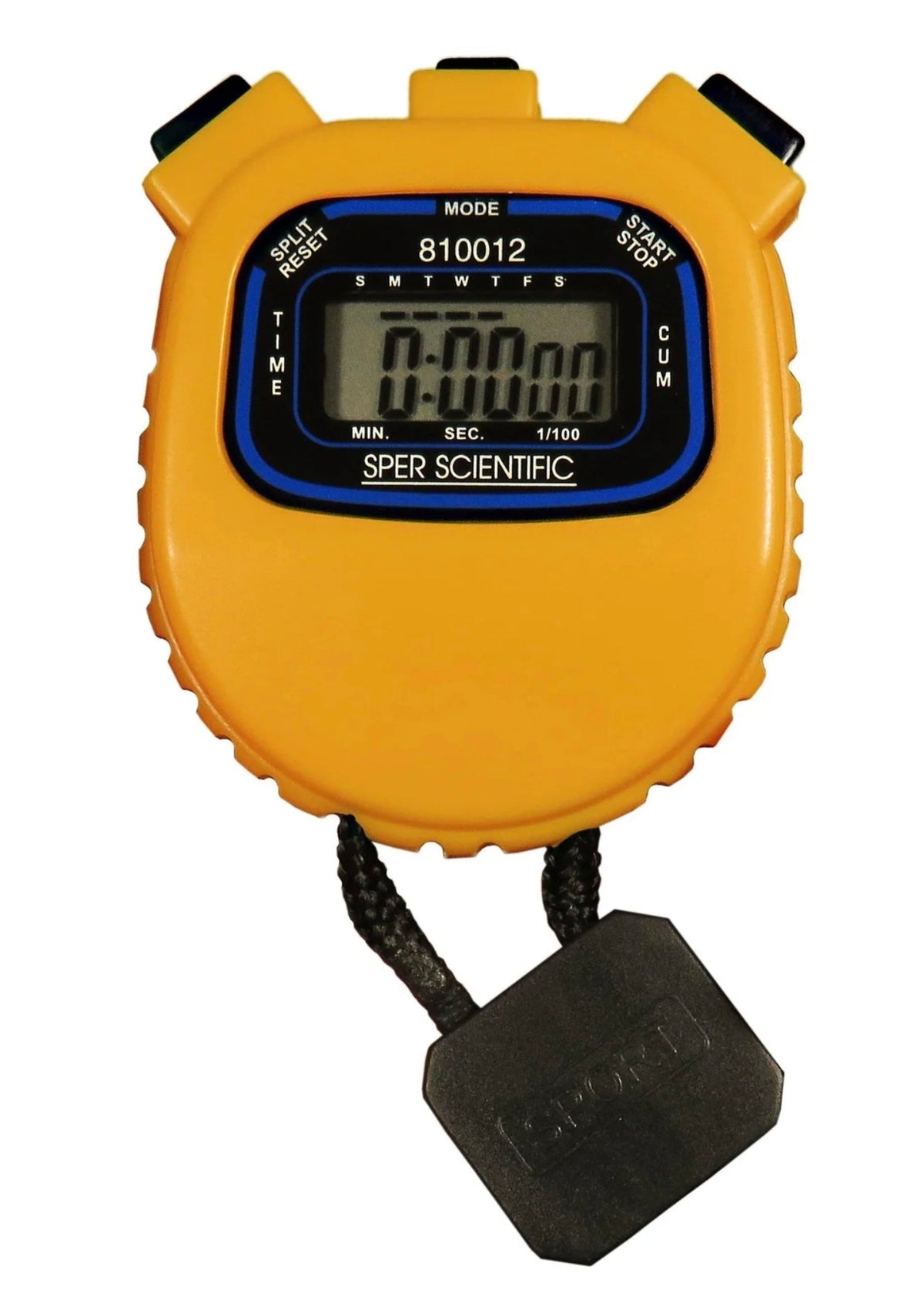 Yellow water resistant stopwatch by Sper Scientific with black lanyard, seen on a white background.
