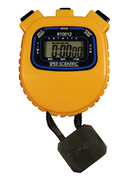 Yellow water resistant stopwatch by Sper Scientific with black lanyard, seen on a white background.
