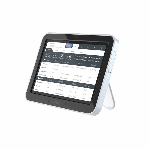WeatherLink Console by Davis Instruments displaying temperature and humidity data, with a white bezel and angled stand.
