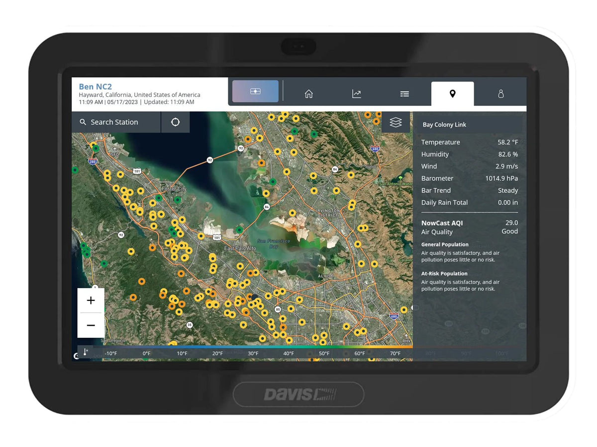 Data viewing display by Davis showing a geographical map and sensor data.
