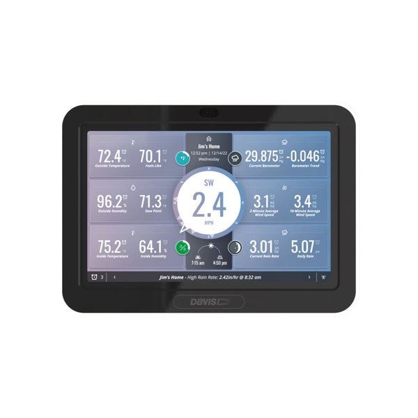 WeatherLink console by Davis Instruments showing weather data including temperature and wind speed.