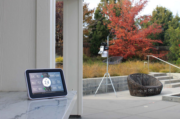 Data viewing WeatherLink Console by Davis Instruments, displaying weather metrics, next to a view of a yard.