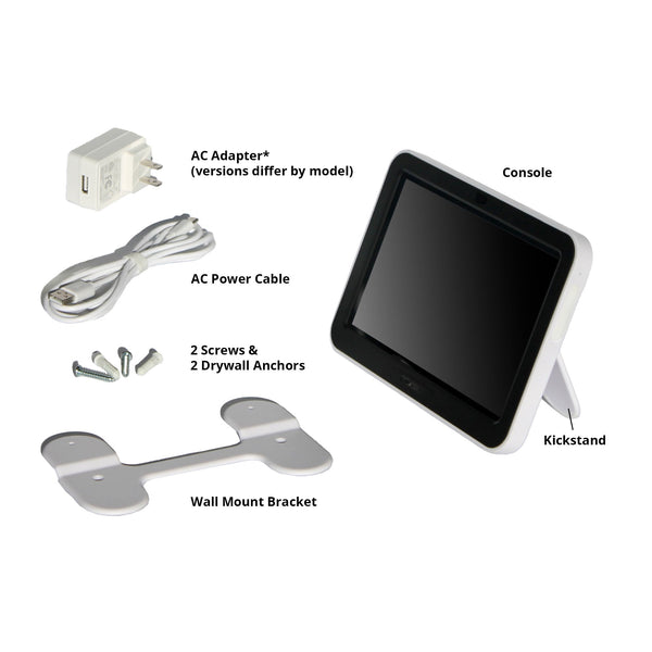 WeatherLink Console by Davis Instruments, shown with an AC adapter, power cable, screws, drywall anchors, a wall mount bracket, and kickstand.
