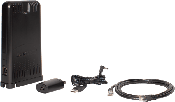 Black WeatherLink Live data collection device by Davis Instruments, with connecting cables and a power adapter.