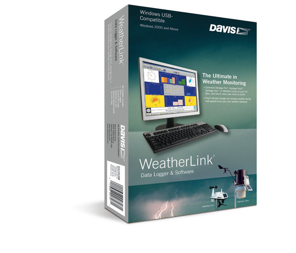 WeatherLink data logger by Davis Instruments, with lightning graphics and software information on the packaging.