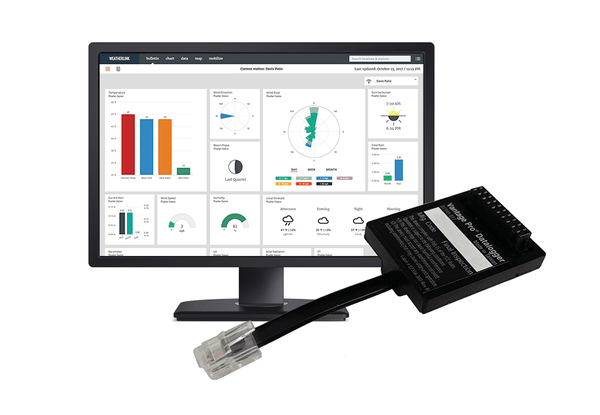 Data logger with serial port by Davis Instruments with RJ connector and weather data monitor in the background.
