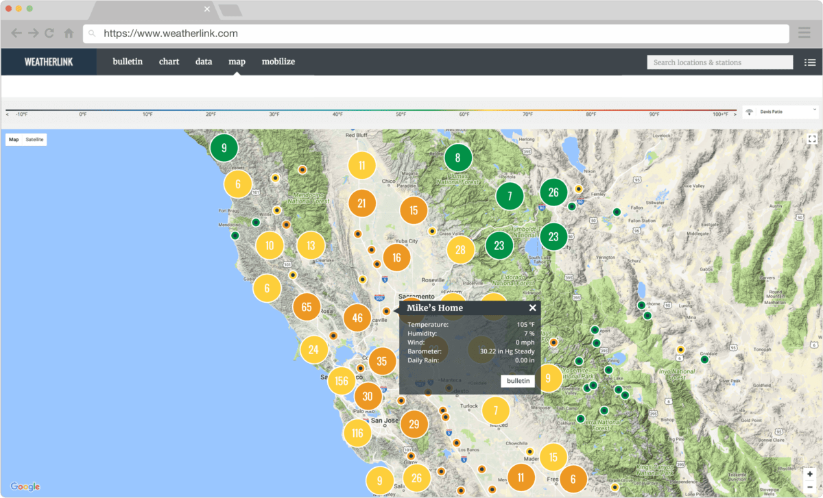 Weather data map from Davis Instruments showing temperatures across California and Nevada on a weather website.
