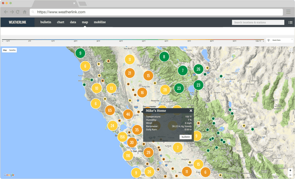 Weather data map from Davis Instruments showing temperatures across California and Nevada on a weather website.