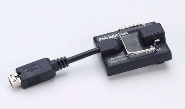 Black data logger by Davis Instruments with attached USB cable and metallic handle.