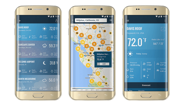 WeatherLink USB data logger by Davis Instruments, shown with weather information on smartphone screens.
