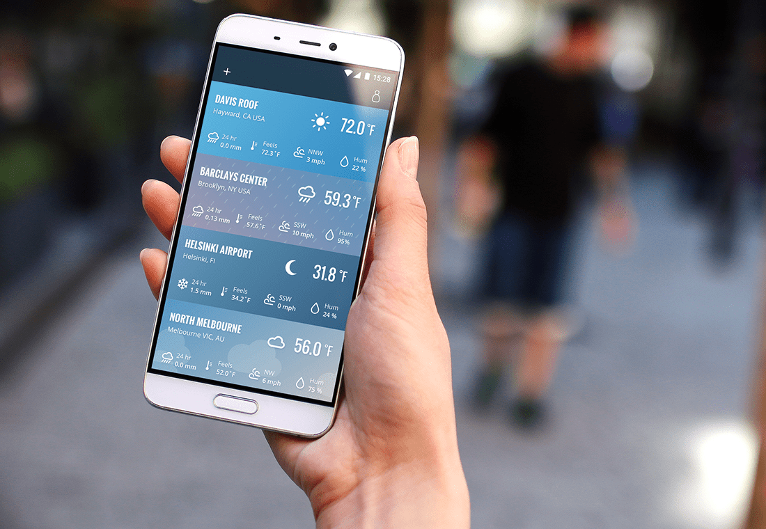 Weather data on a phone's screen by Davis Instruments, with weather forecasts for several cities shown.
