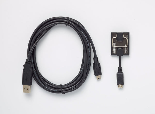 Black data logger by Davis Instruments with USB cable for data collection.