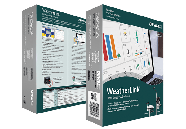 WeatherLink USB data logger by Davis Instruments, with software on boxes showing graphs and weather station setup.