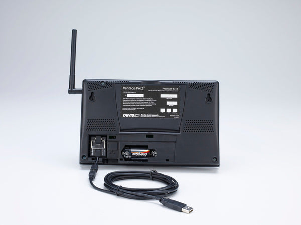 WeatherLink USB data logger by Davis Instruments showing the back panel with cable and battery.
