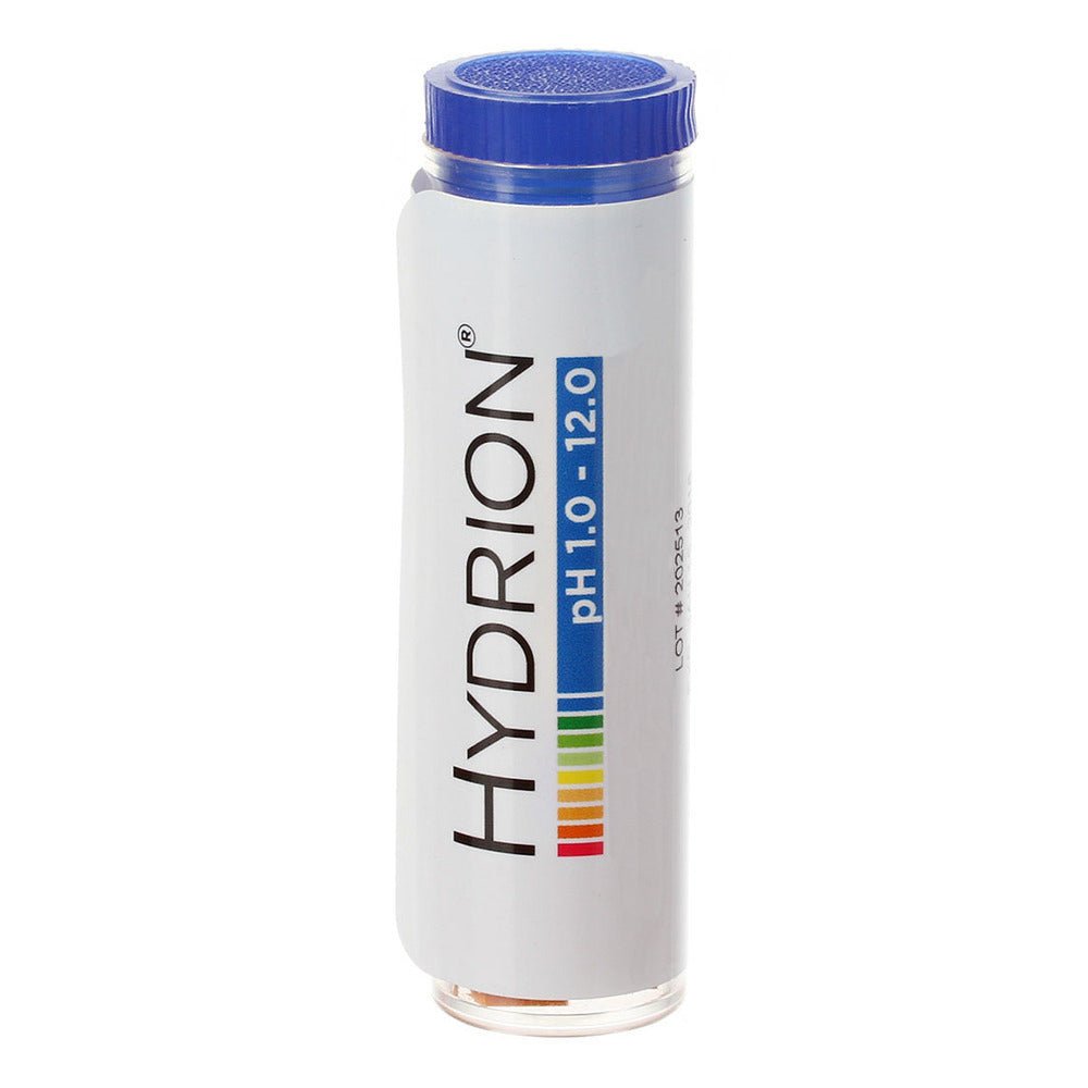 pH test strips by Hydrion in a white container with a blue lid and color gradient indicator.