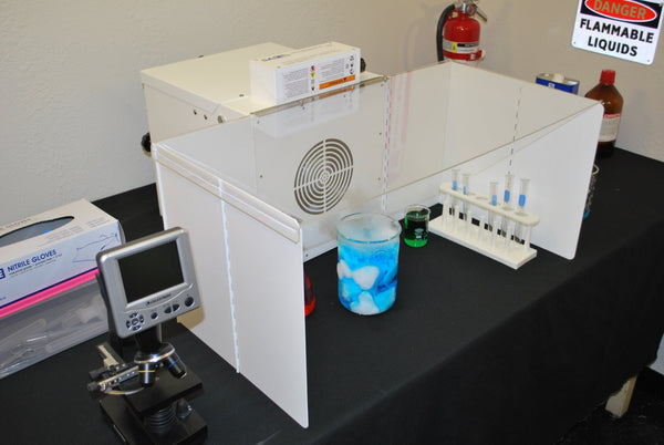 Winged Sentry in laboratory setup with microscope, beakers and flammable liquids.