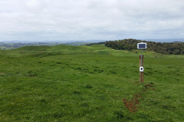 Wireless leaf and soil moisture/temperature station by Davis Instruments on a wood pole in a grassy field landscape.