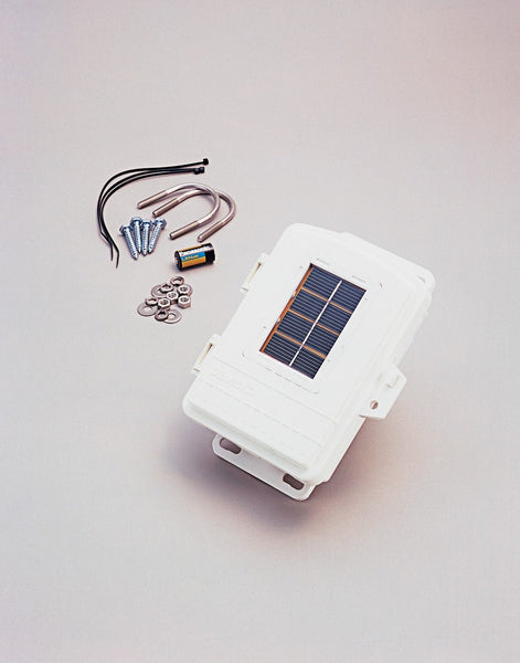 White, solar powered, wireless repeater by Davis Instruments including installation hardware and a lithium battery.
