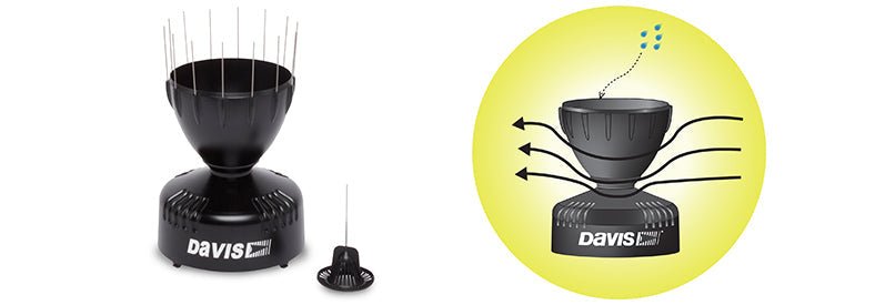 Black weather station by Davis Instruments featuring wind cups, a rain collector, and fan-aspirated radiation shield.