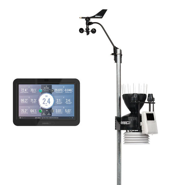 Wireless weather station by Davis Instruments displaying digital data, mounted on a silver pole with wind speed indicators.
