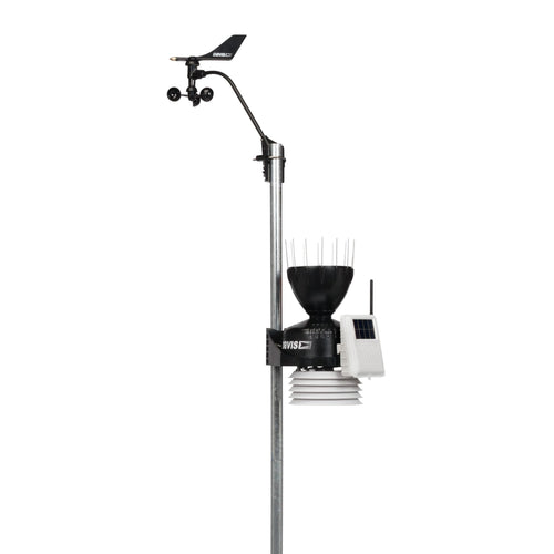 Wireless weather station by Davis Instruments featuring a rain collector, anemometer, and solar panel.