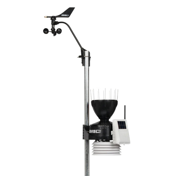 Wireless weather station by Davis Instruments with standard radiation shield and WeatherLink console.