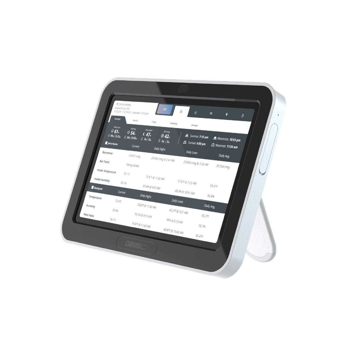Wireless weather station by Davis Instruments with a digital display showing temperature and weather conditions.
