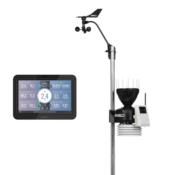 Wireless weather station by Davis Instruments with standard radiation shield and WeatherLink console on a metal pole.