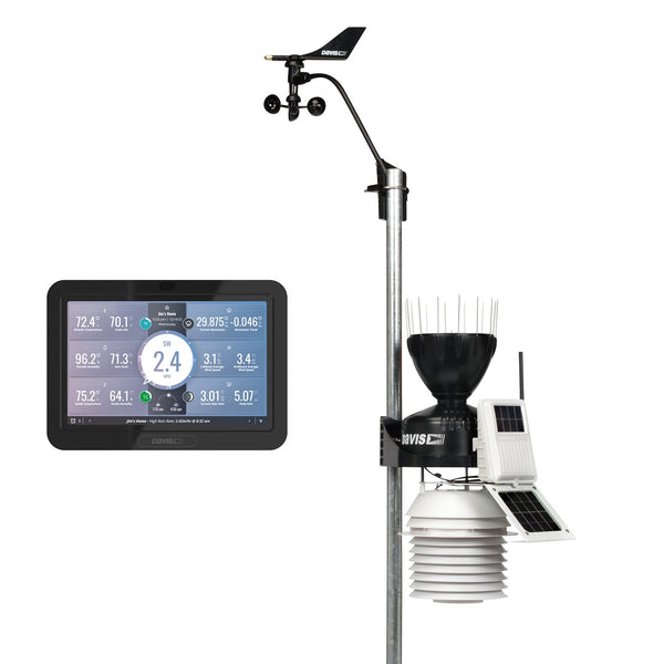 Wireless Vantage Pro2 weather station with WeatherLink console by Davis Instruments featuring a fan-aspirated radiation shield and a wind vane.