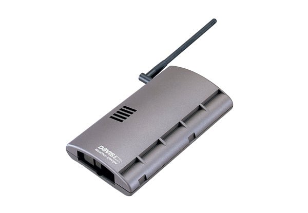 Gray wireless weather envoy from Davis Instruments with a black antenna on a white background.